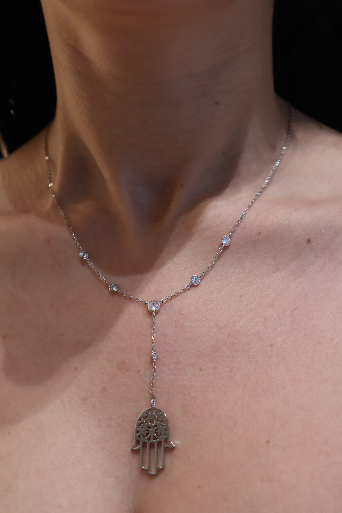 Hamsa Lariat Necklace Silver Finish