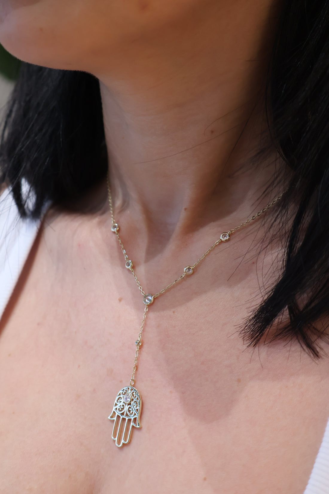 Hamsa Lariat Necklace Gold Finish