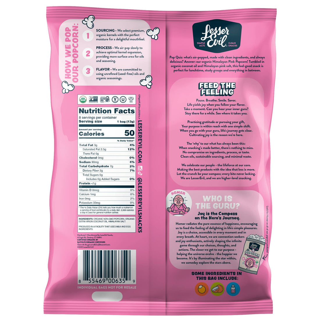 LesserEvil - Organic Popcorn, Snack Pack, Himalayan Pink, 8/.46oz